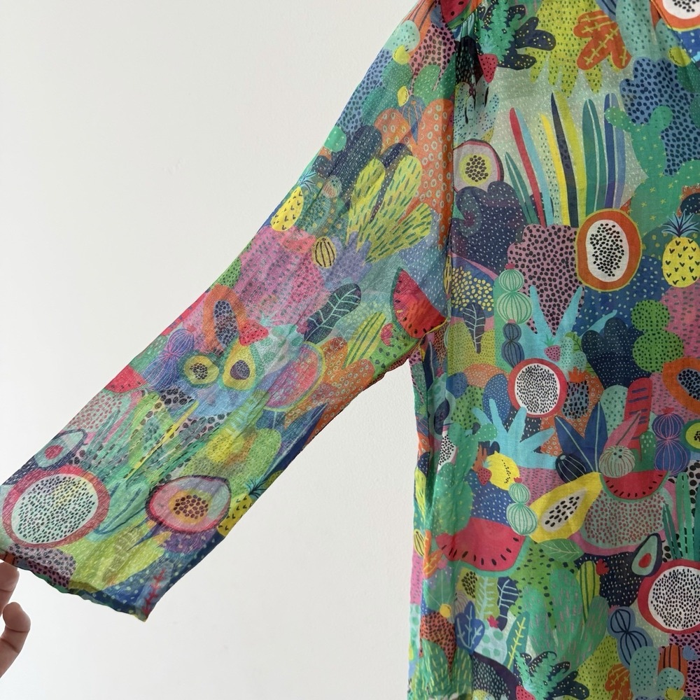 Vilagallo Womens Blouse Tropical Fruit Print Size L 44 Colorful Boho Vacation - Picture 6 of 8